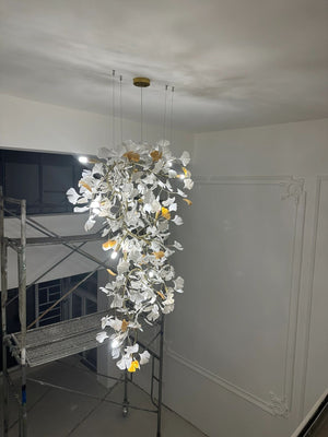 Artistic Tree Branch Pendant Light with Ceramic Ginkgo Leaves for High Ceilings in Hotel or Home, chandelier - view 19