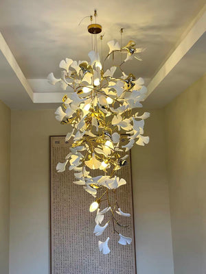 Artistic Tree Branch Pendant Light with Ceramic Ginkgo Leaves for High Ceilings in Hotel or Home, chandelier - view 13