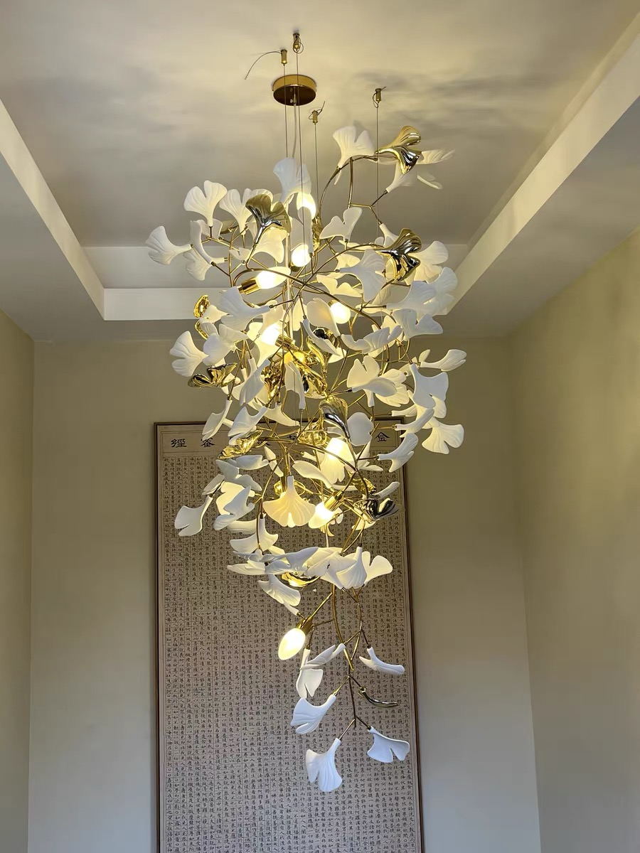Artistic Tree Branch Pendant Light with Ceramic Ginkgo Leaves for High Ceilings in Hotel or Home, chandelier - view 13