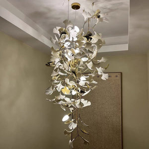 Artistic Tree Branch Pendant Light with Ceramic Ginkgo Leaves for High Ceilings in Hotel or Home, chandelier - view 14
