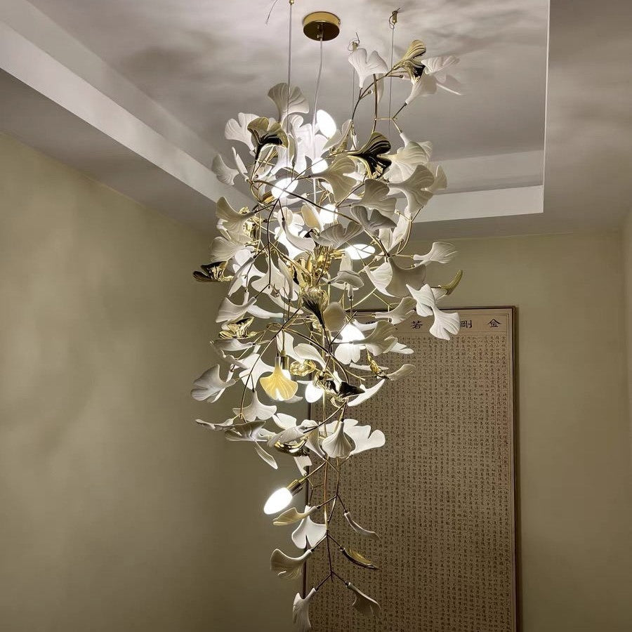 Artistic Tree Branch Pendant Light with Ceramic Ginkgo Leaves for High Ceilings in Hotel or Home, chandelier - view 14