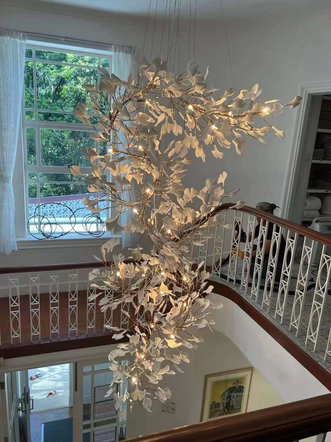 Artistic Tree Branch Pendant Light with Ceramic Ginkgo Leaves for High Ceilings in Hotel or Home, chandelier - view 15