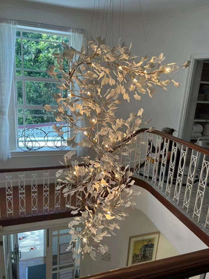 Artistic Tree Branch Pendant Light with Ceramic Ginkgo Leaves for High Ceilings in Hotel or Home, chandelier - view 15