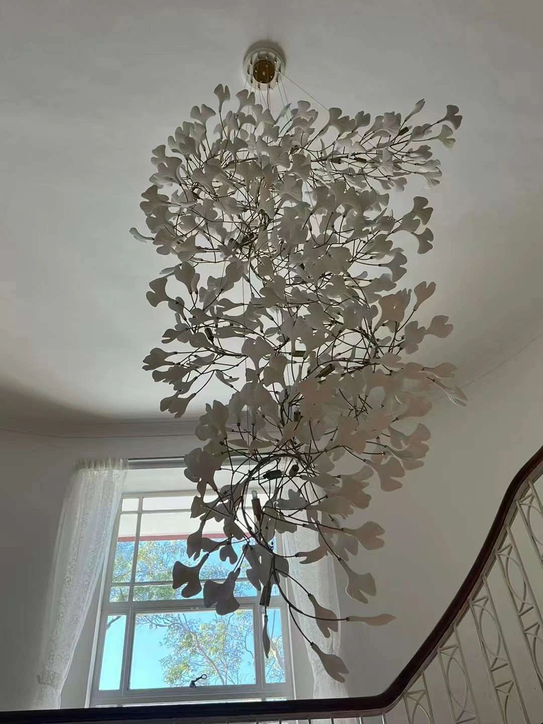 Artistic Tree Branch Pendant Light with Ceramic Ginkgo Leaves for High Ceilings in Hotel or Home, chandelier - view 16