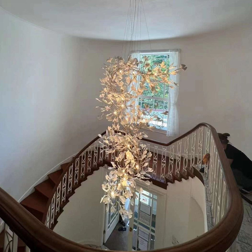 Artistic Tree Branch Pendant Light with Ceramic Ginkgo Leaves for High Ceilings in Hotel or Home, chandelier - view 7