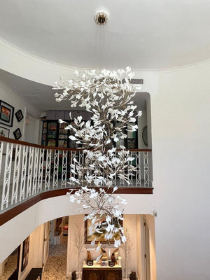 Artistic Tree Branch Pendant Light with Ceramic Ginkgo Leaves for High Ceilings in Hotel or Home, chandelier - view 8