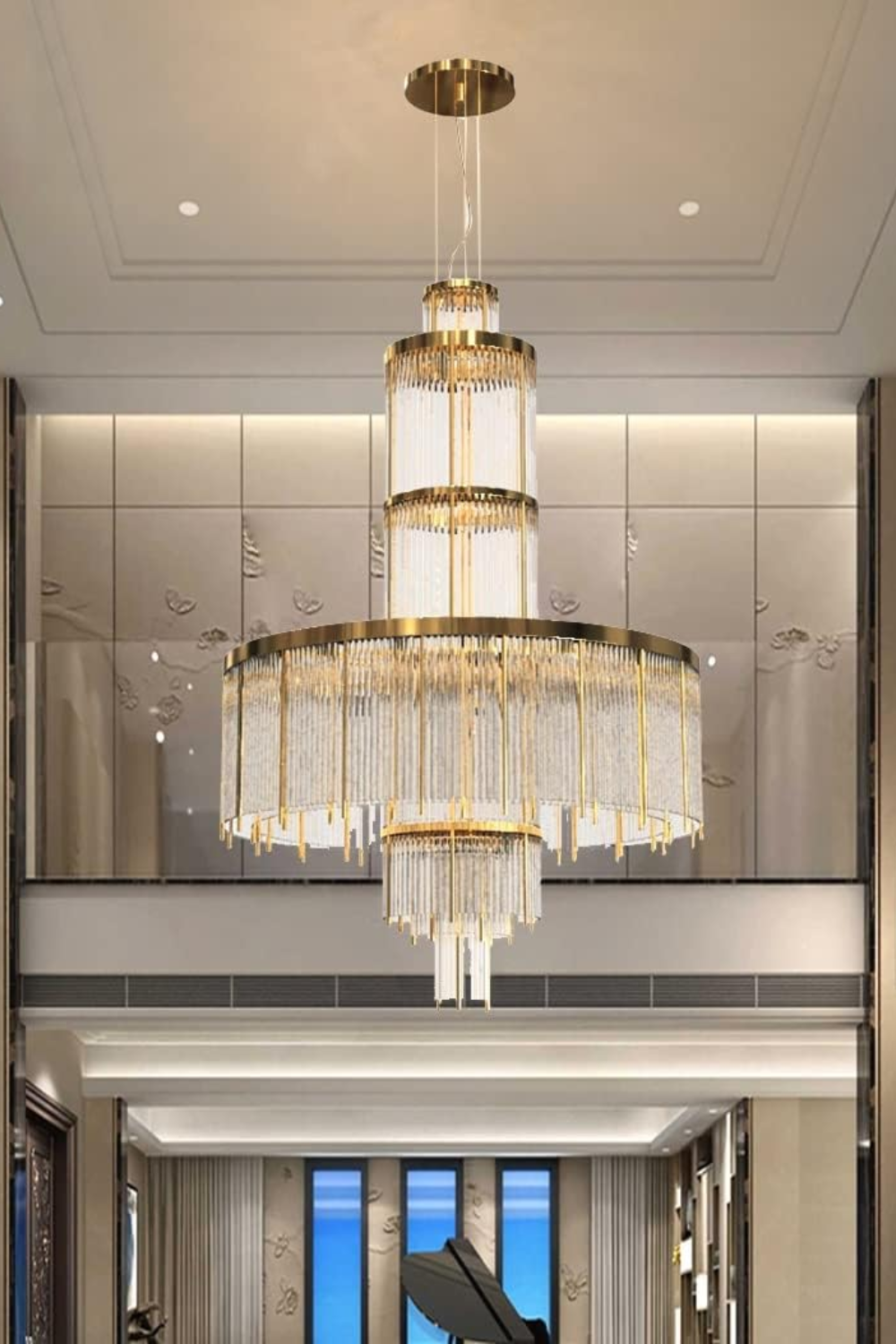 Modern Multi-layered Glass&Metal Rods Chandelier for High-ceiling - view 2