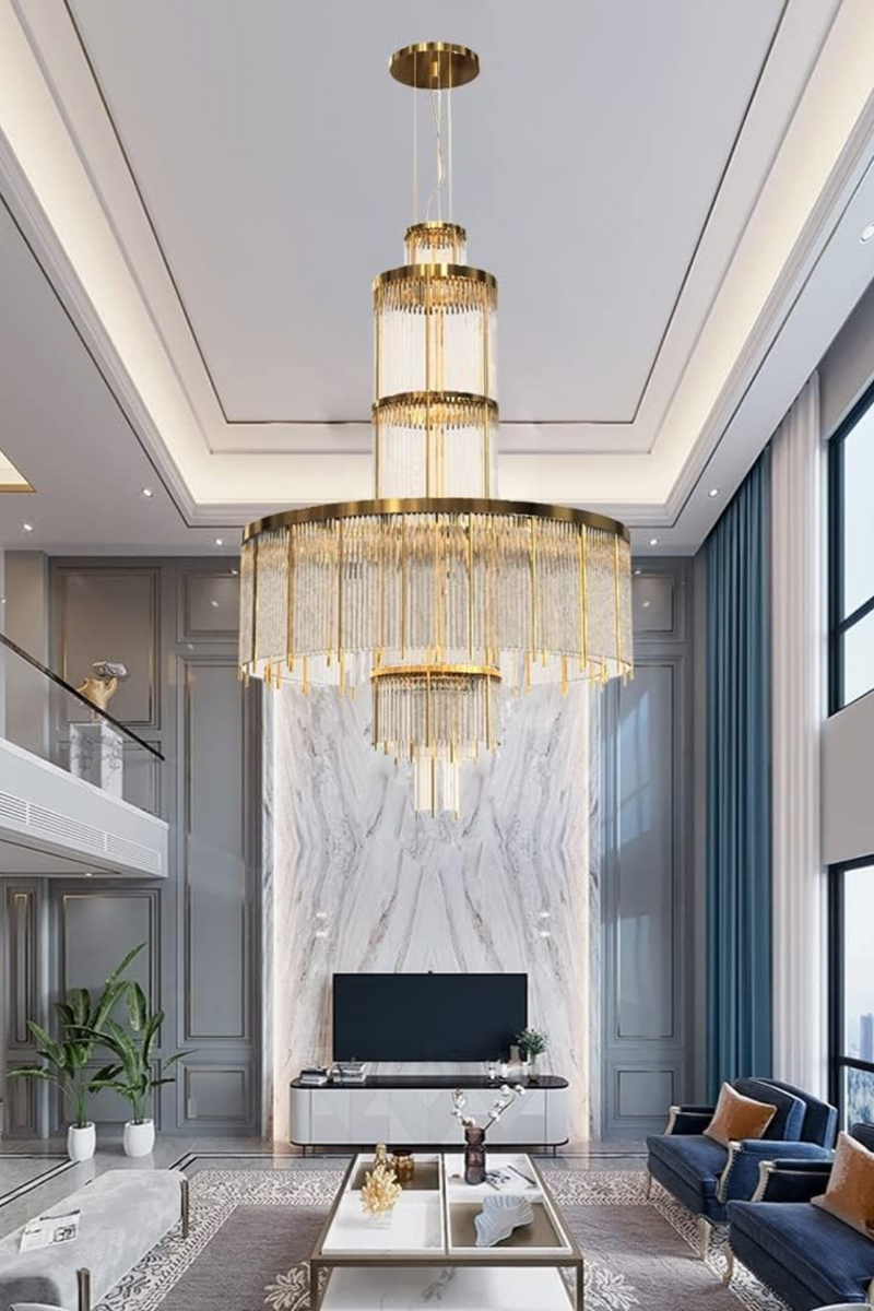 Modern Multi-layered Glass&Metal Rods Chandelier for High-ceiling - view 3