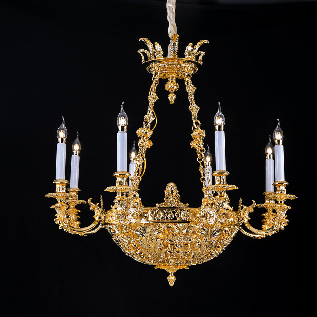 Brass art deco chandelier, crystal