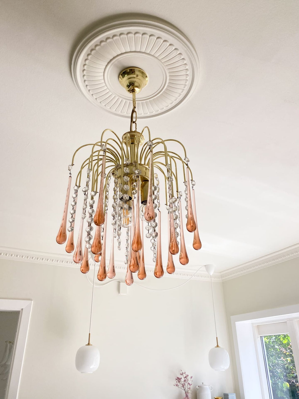 Vintage – Murano-Style Teardrops Chandelier – 70s – Pink prisms