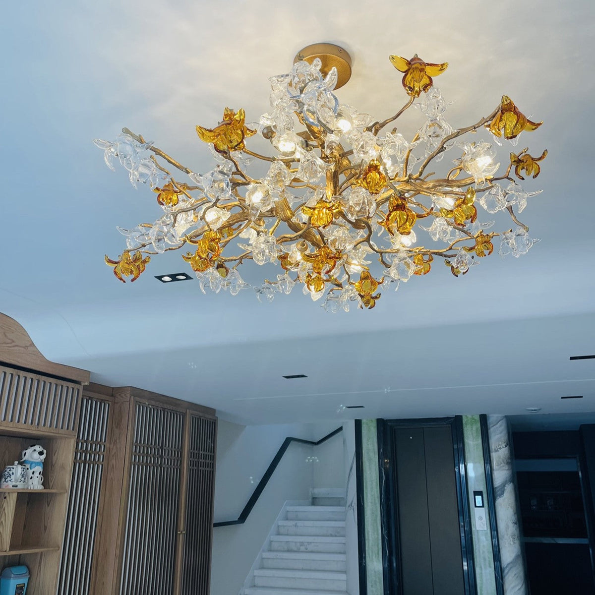 Designer Favorite Brass Branch Chandelier with Artistic Flower Glass for Dining Room Living Room and Kitchen Island - view 4
