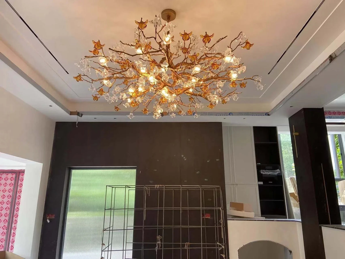 Designer Favorite Brass Branch Chandelier with Artistic Flower Glass for Dining Room Living Room and Kitchen Island - view 7