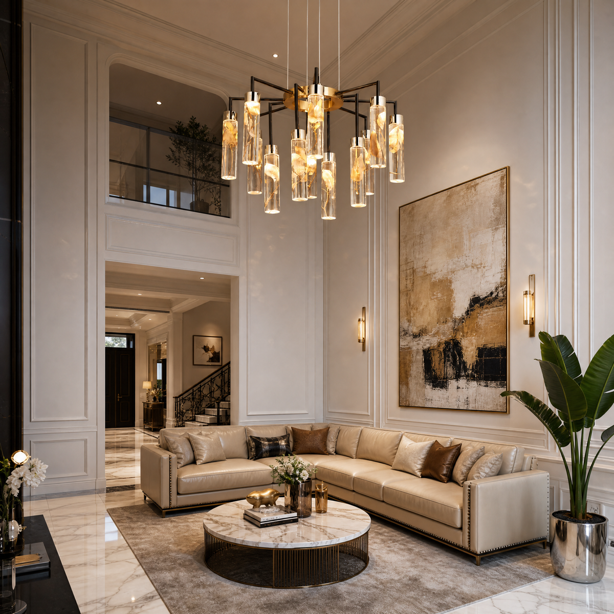 Phoenix Tree Modern Sculptural Ring Chandelier, crystal in light gold + matte black - view 2