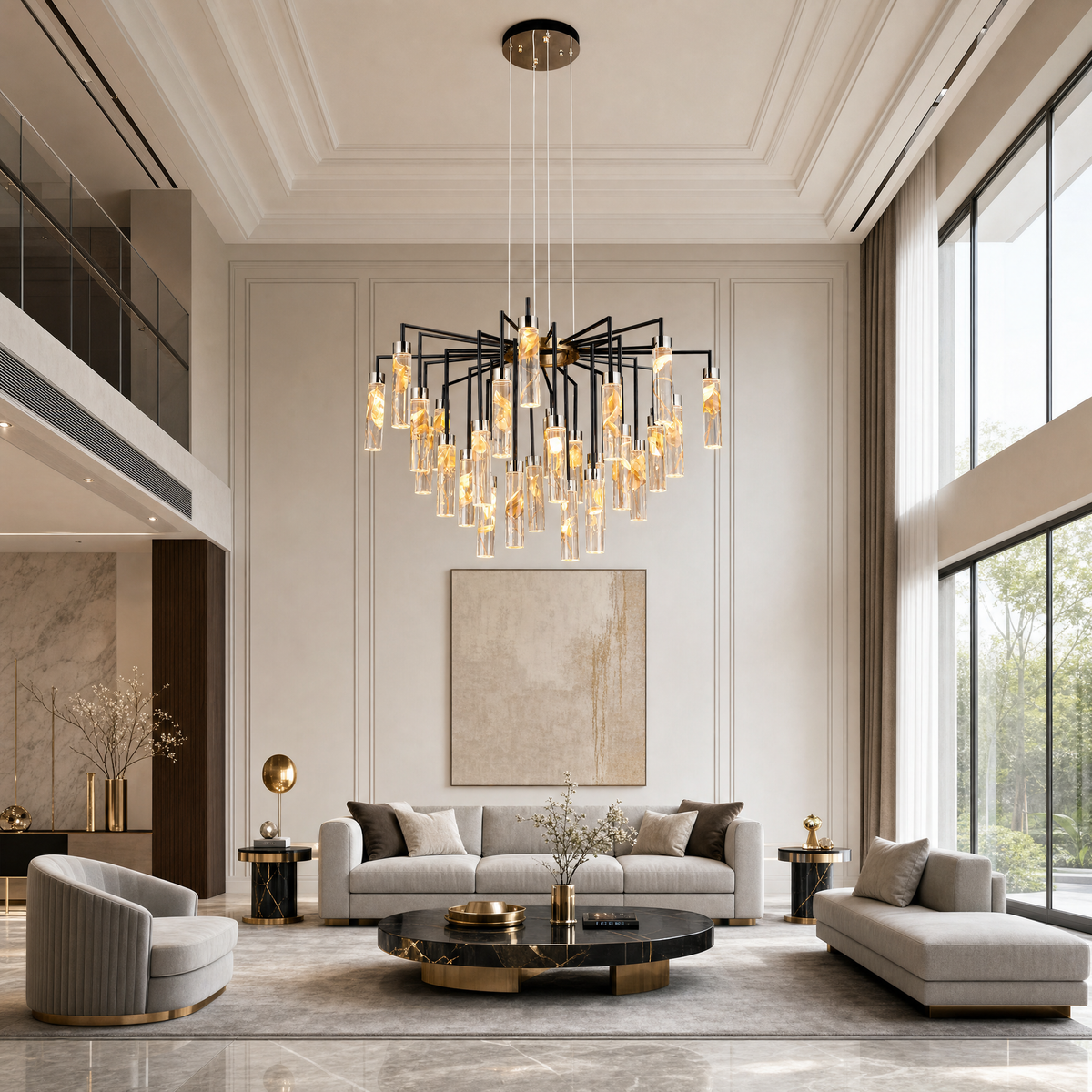 Phoenix Tree Modern Sculptural Ring Chandelier, crystal in light gold + matte black - view 2