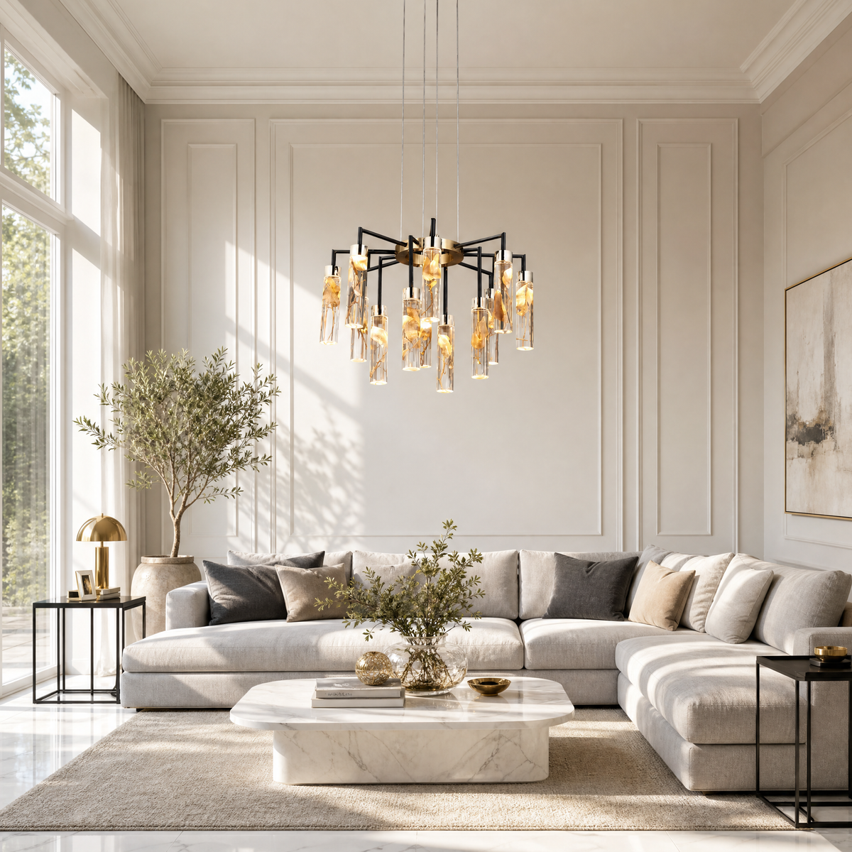 Phoenix Tree Modern Sculptural Ring Chandelier, crystal in light gold + matte black - view 6