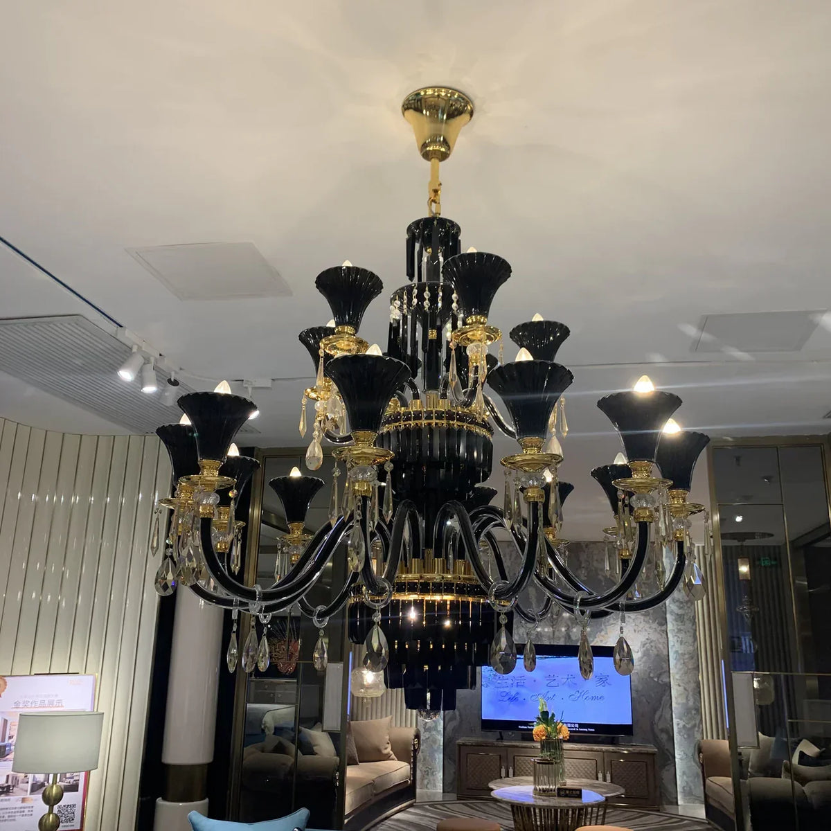 American Traditional Branch Crystal Chandelier with Candle Design in Black and Gold