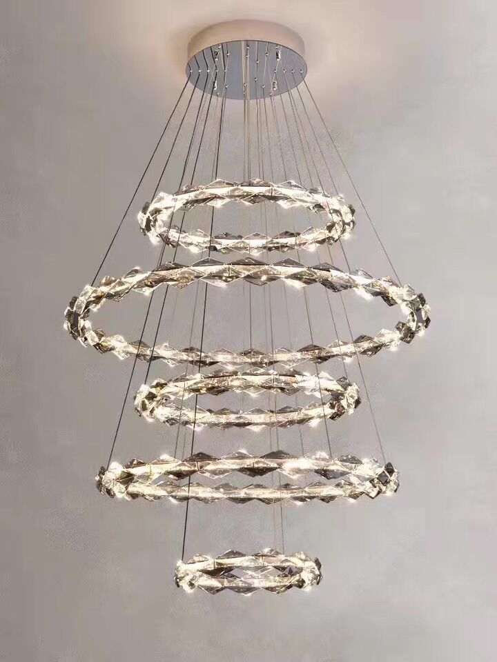 Oversized Multi-Tiered Rings Crystal Chandelier Modern Clear and Grey Crystal Ceiling Light Fixture For Staircase/Foyer/Hallway/Entryway - view 5