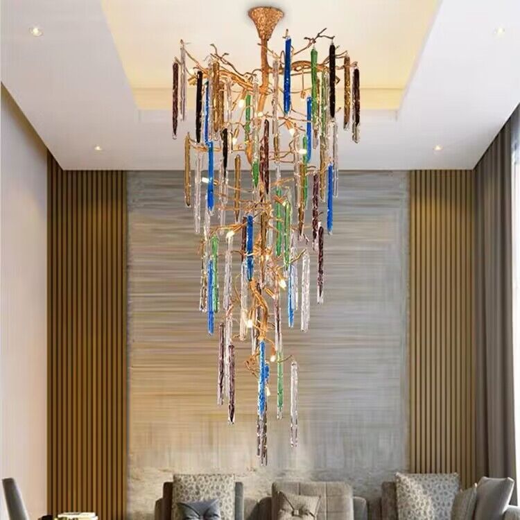 Modern Light Luxury Brass Branches Colored Glass Column Chandelier for Staircase/Living Room/High-ceiling Space - view 2