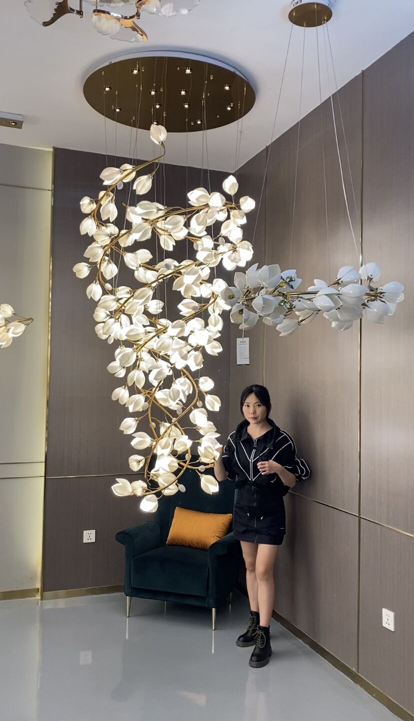 Spiral Pure White Magnolia Chandelier with Golden Branches for Staircase/High-ceiling Space/Foyer/ Duplex - view 7