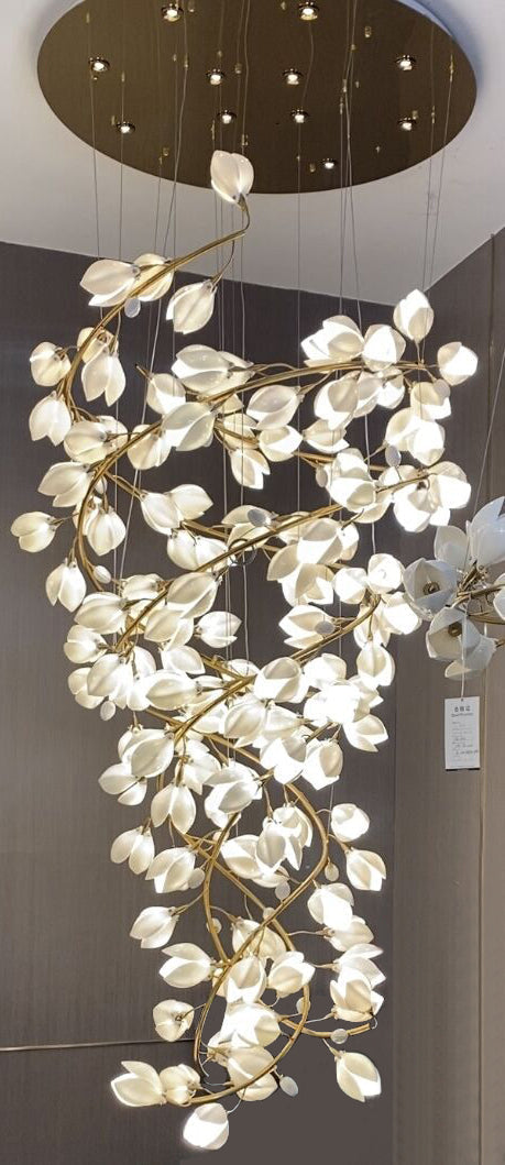 Spiral Pure White Magnolia Chandelier with Golden Branches for Staircase/High-ceiling Space/Foyer/ Duplex - view 8