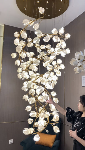 Spiral Pure White Magnolia Chandelier with Golden Branches for Staircase/High-ceiling Space/Foyer/ Duplex - view 9