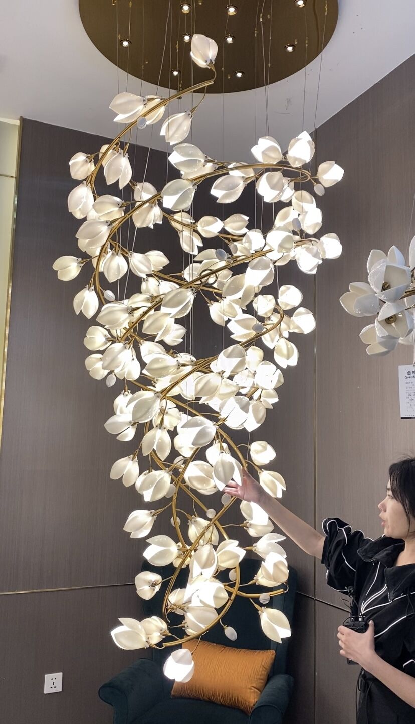 Spiral Pure White Magnolia Chandelier with Golden Branches for Staircase/High-ceiling Space/Foyer/ Duplex - view 9