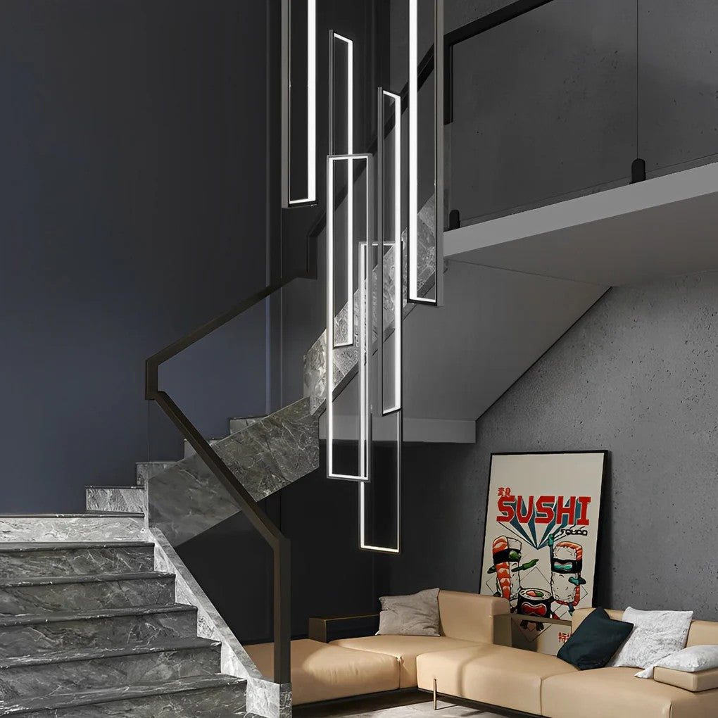 Rectangular Frame Aluminum LED Black Nordic Duplex Stair Chandelier - view 5