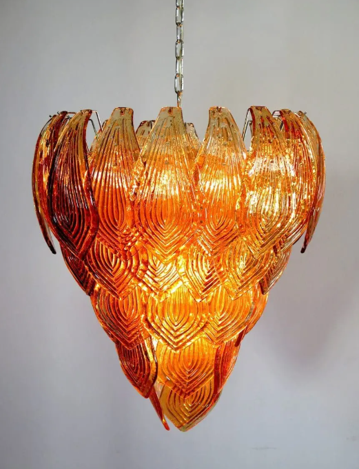 Murano-Style Chandelier – 52 Felci glass leaves – Amber