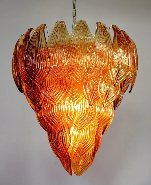 Murano-Style Chandelier – 52 Felci glass leaves – Amber