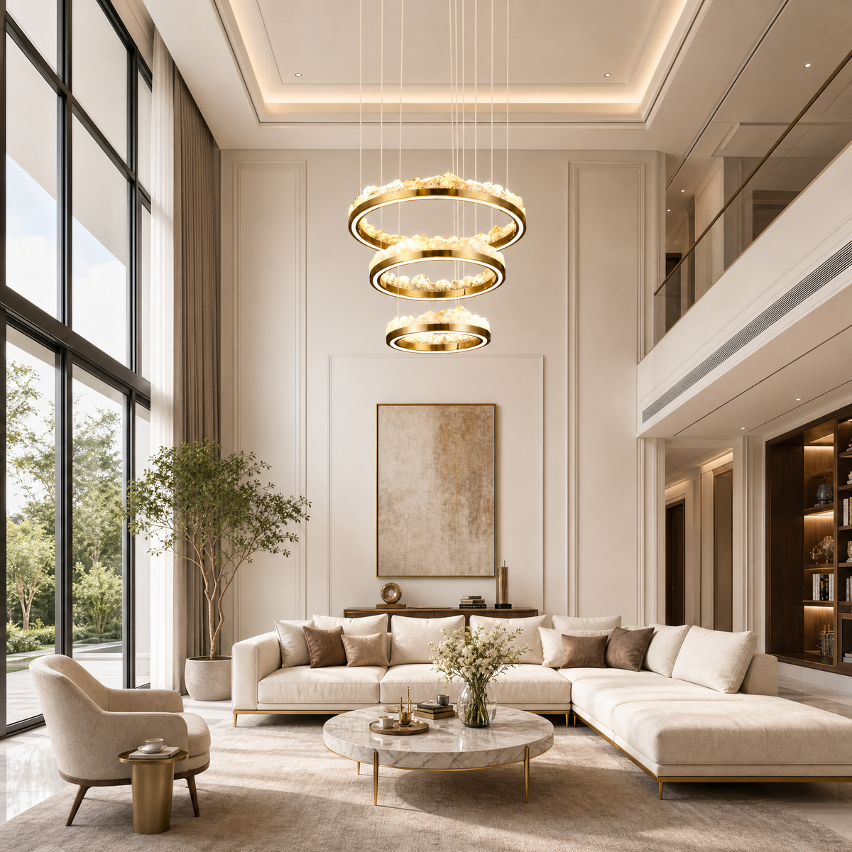Vast Realm Modern Sculptural Ring Chandelier, crystal in brushed champagne gold - view 2