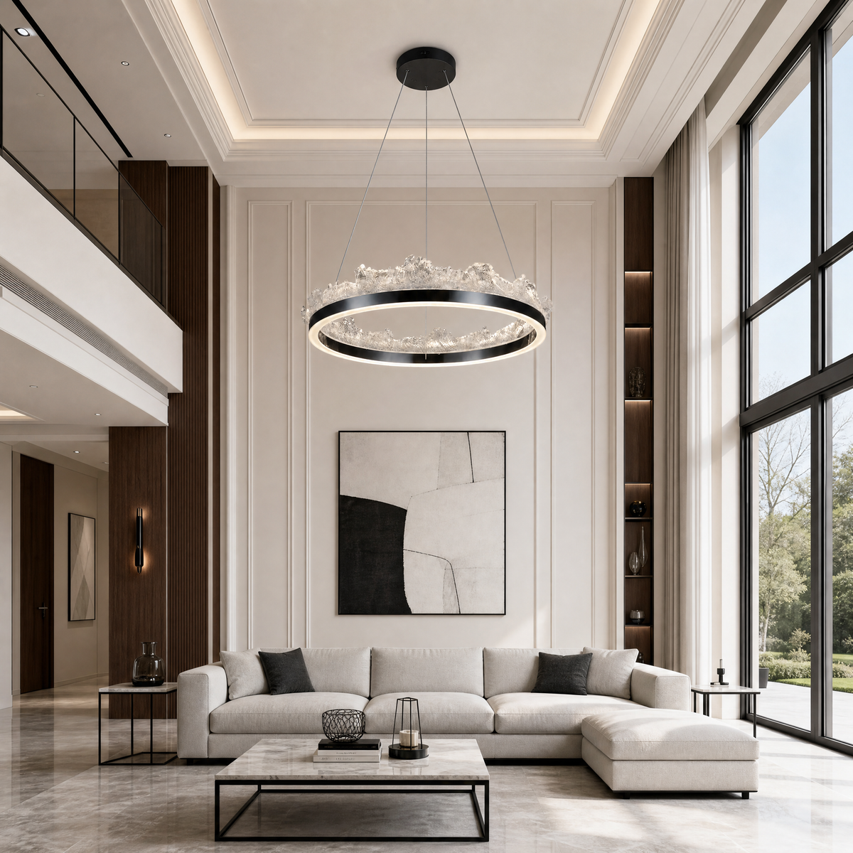 Wind & Wave Modern Sculptural Pendant Light, crystal in brushed champagne gold - view 3