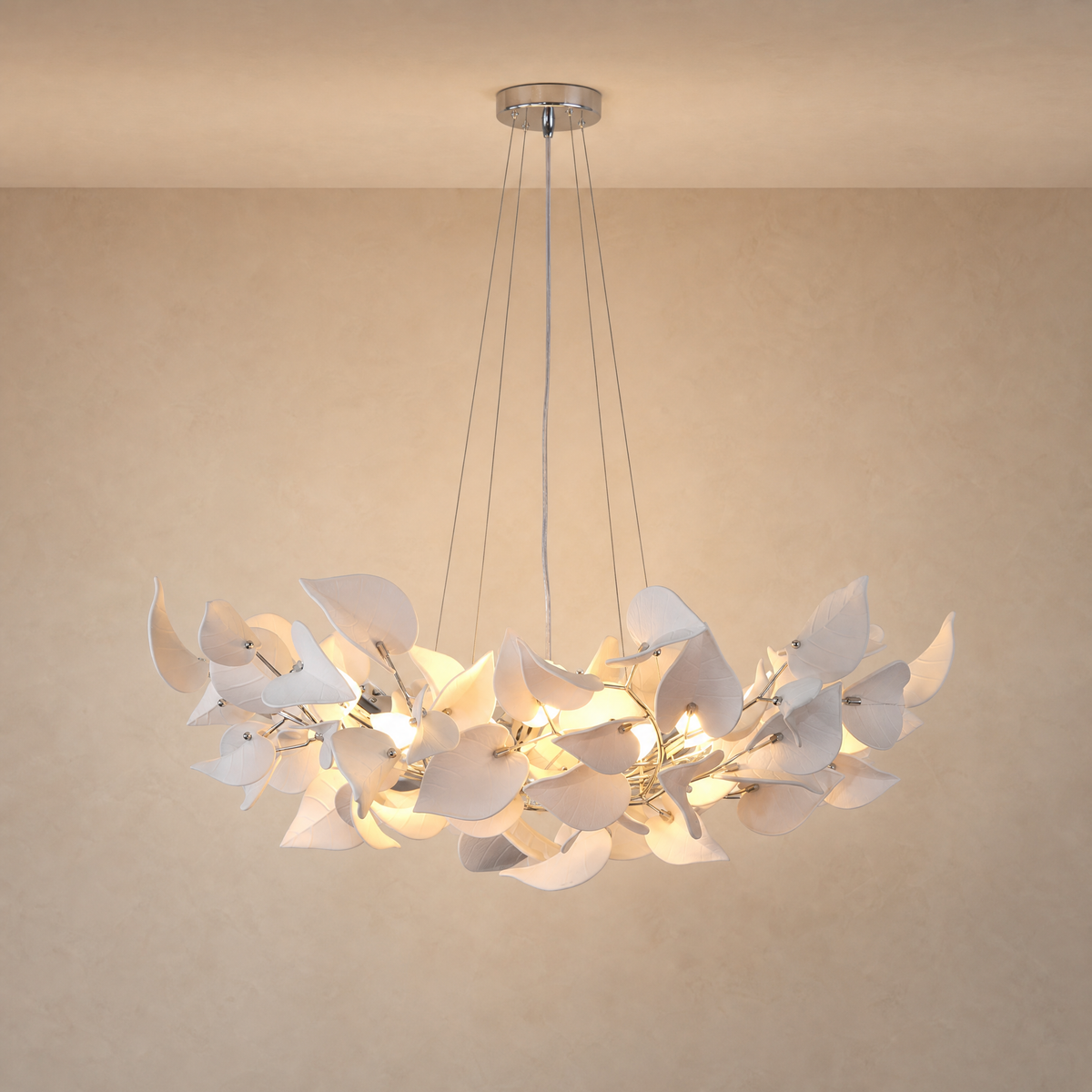 Ceramic Heart Leaf Round Pendant D1000 - Chrome, chandelier
