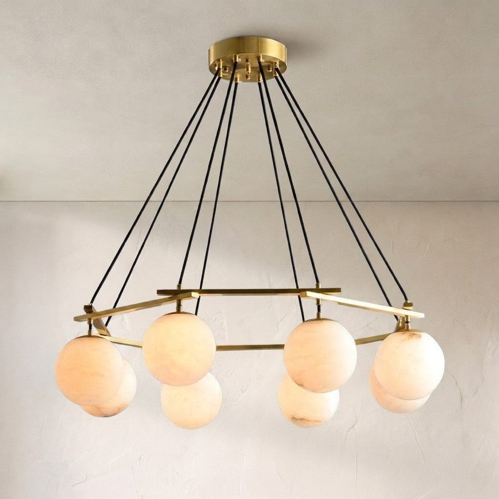 Alabaster Modern Round Ball Chandelier, in brass & alabaster