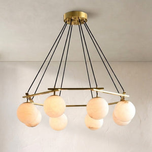 Alabaster Modern Round Ball Chandelier, in brass & alabaster