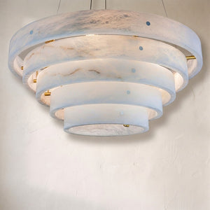 Alabaster round suspension chandelier, five graduated backlit alabaster rings on brass supports