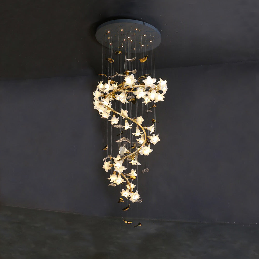 Ceramic Flower Chandelier in Artistic Brass Branch Design - view 6