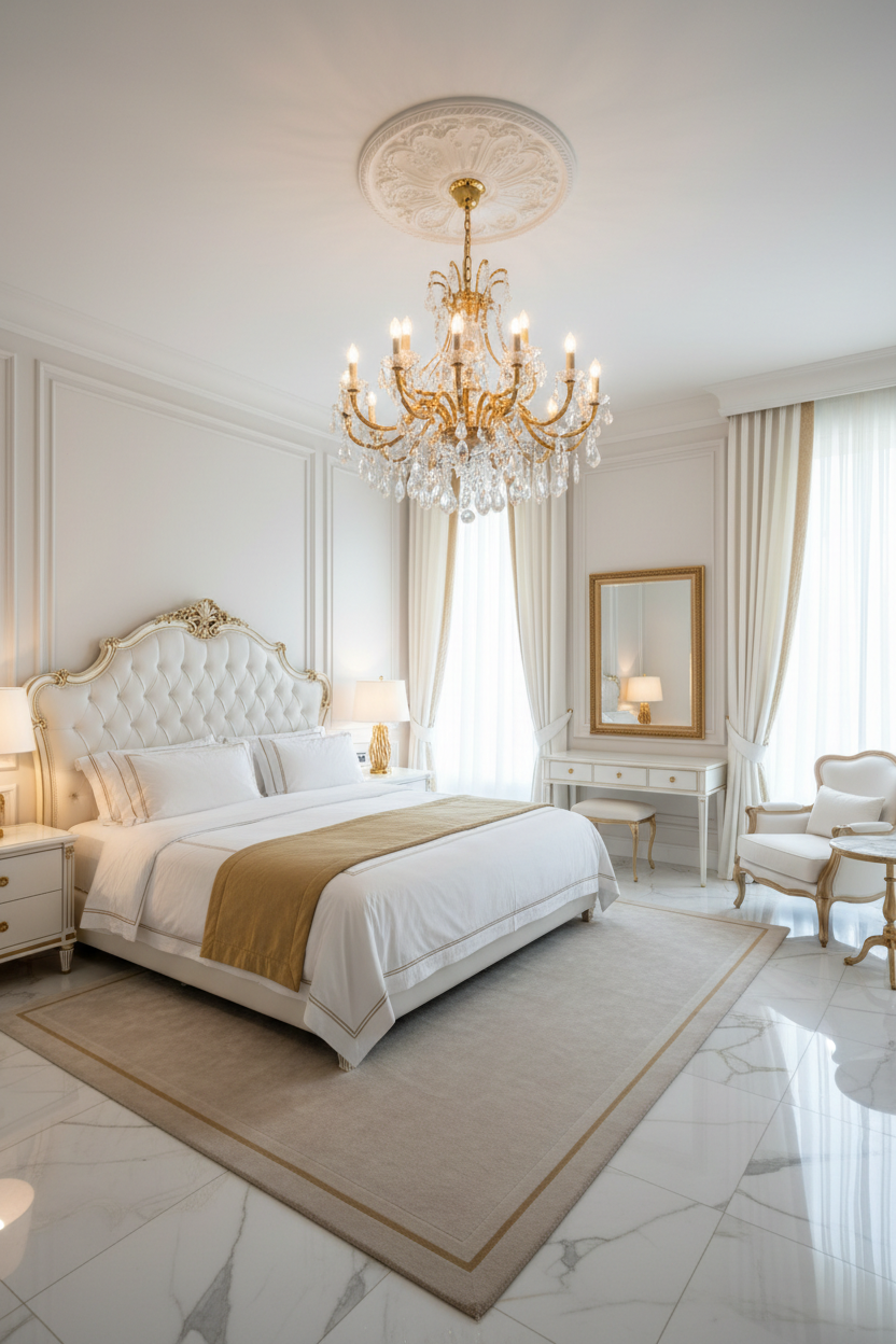 Crystal chandelier above an upholstered bed in a classic bedroom