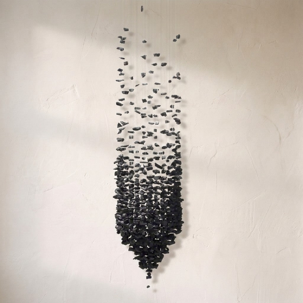 Black stones chandelier, a tapered column of charcoal fragments suspended on fine cables