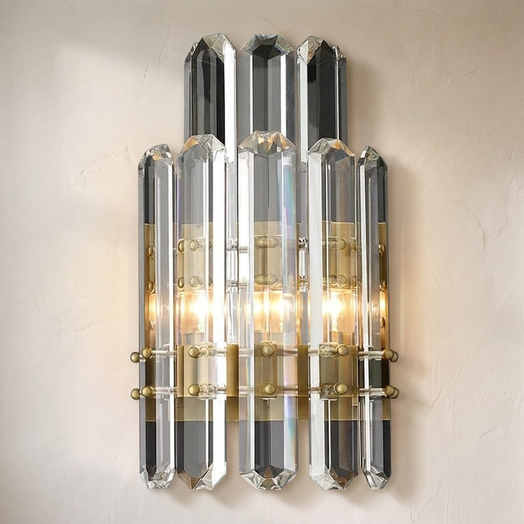 Branxton crystal wall sconce, two tiers of faceted crystal spears banded in brass