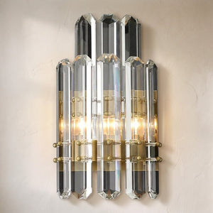 Branxton crystal wall sconce, two tiers of faceted crystal spears banded in brass