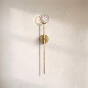 Bruma glass wall sconce, faceted crystal ball on a tall slim brass stem