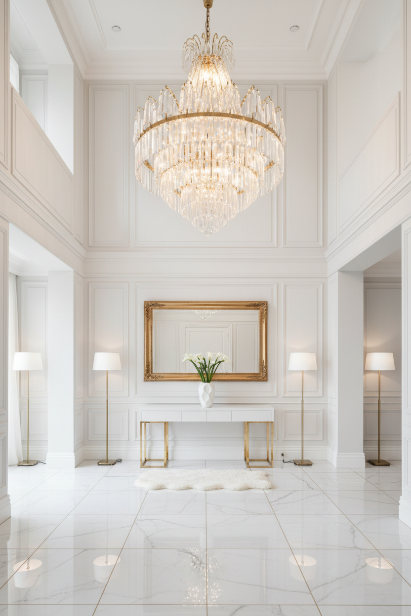 Crystal chandelier above a marble entrance foyer