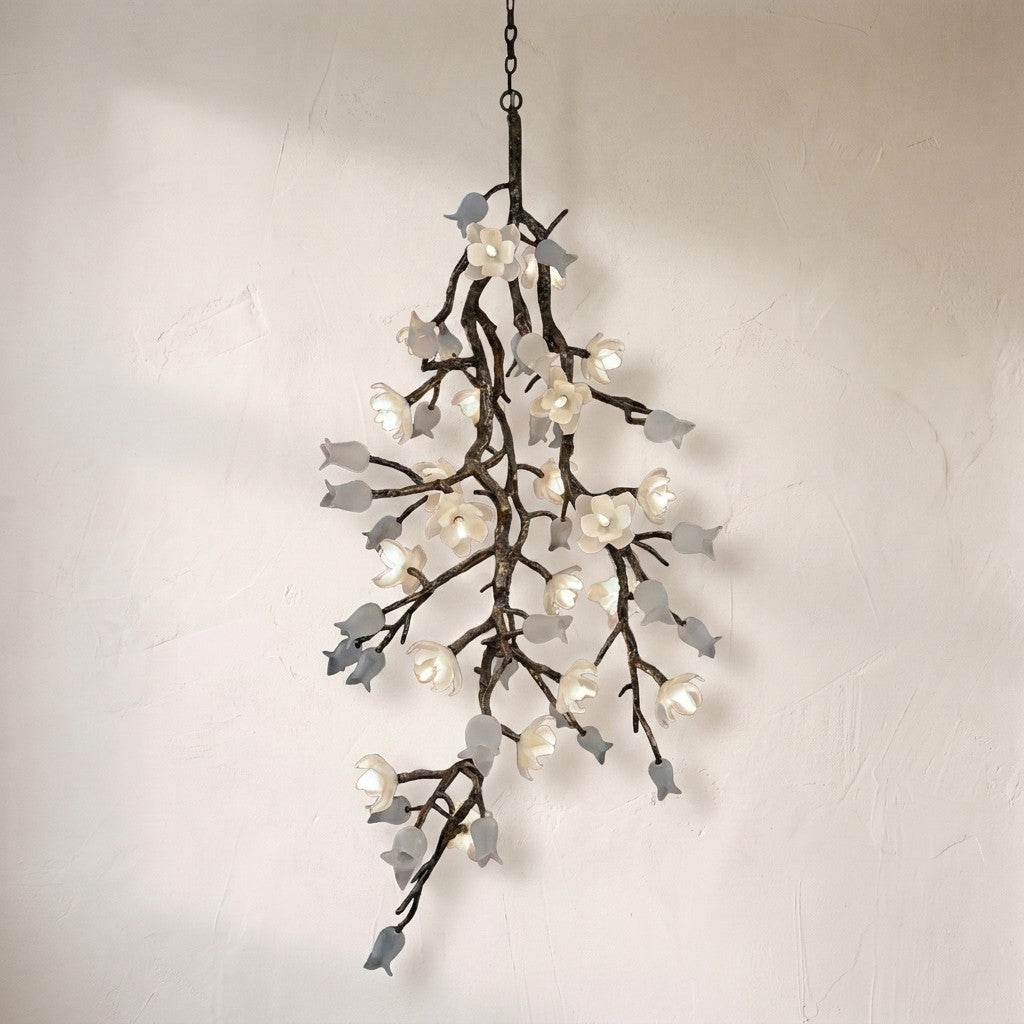 Churippu Branch Magnolia & Tulip Glass Bronze Vertical Twenty-One Light Chandelier