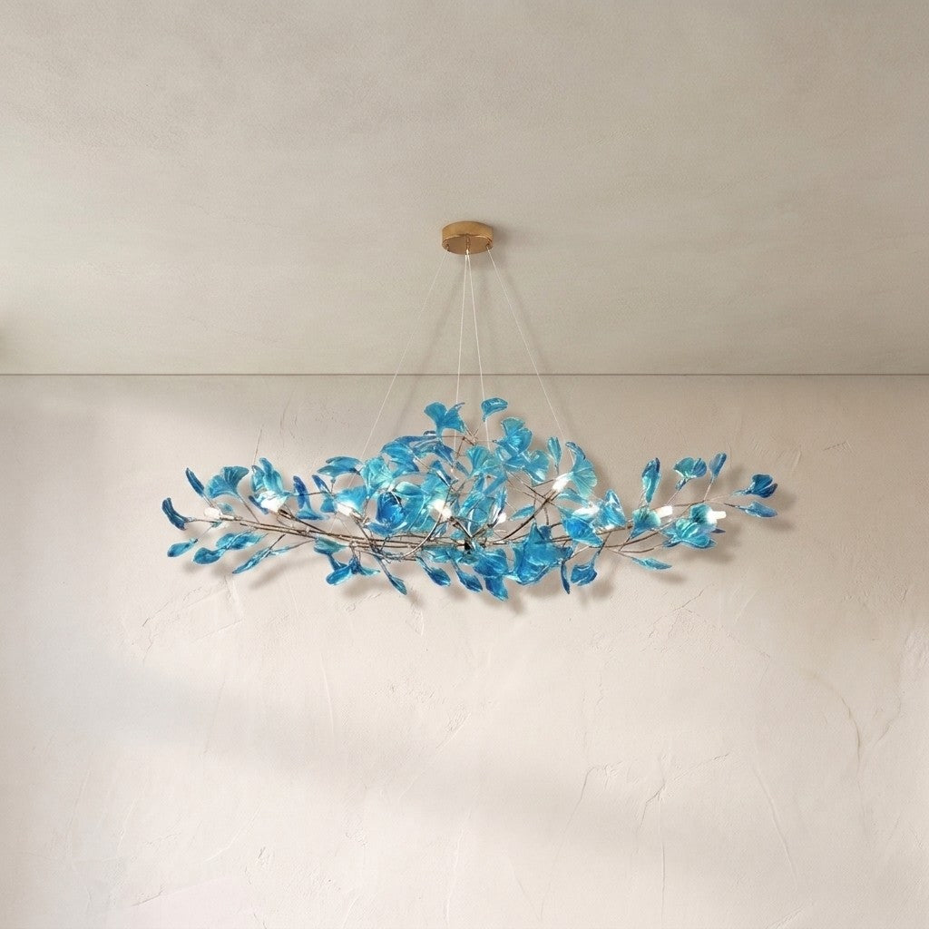 Colorful Glass Ginkgo Leaf Chandelier, brass