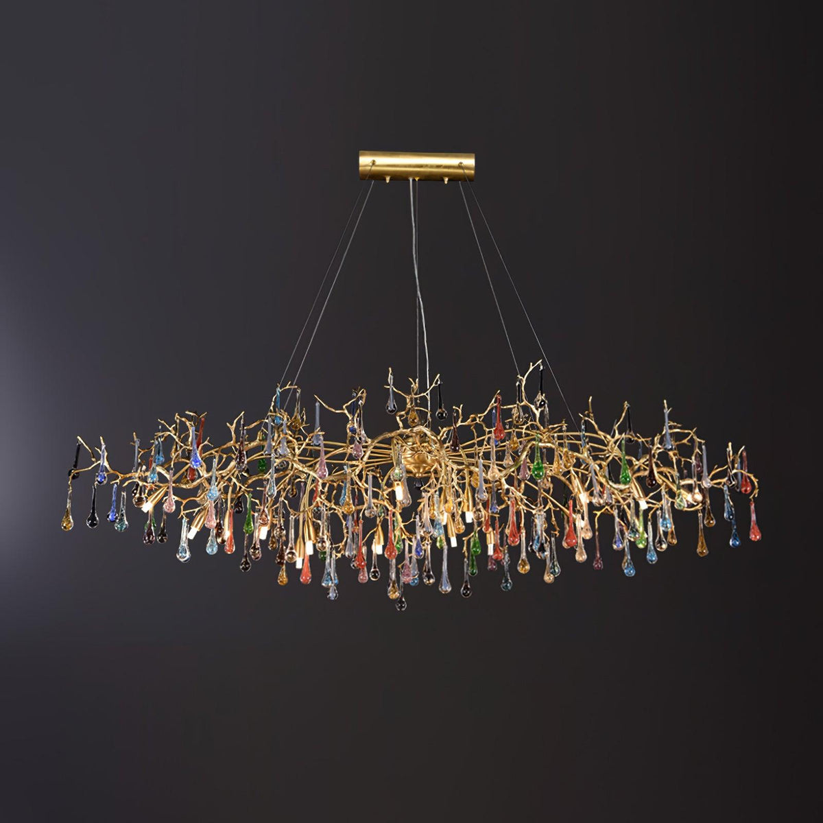 Colorful Raindrop Brass Branch Chandelier with Crystal Accents