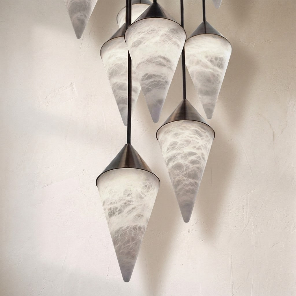 Conus alabaster chandelier, cluster of backlit alabaster cones on dark bronze stems
