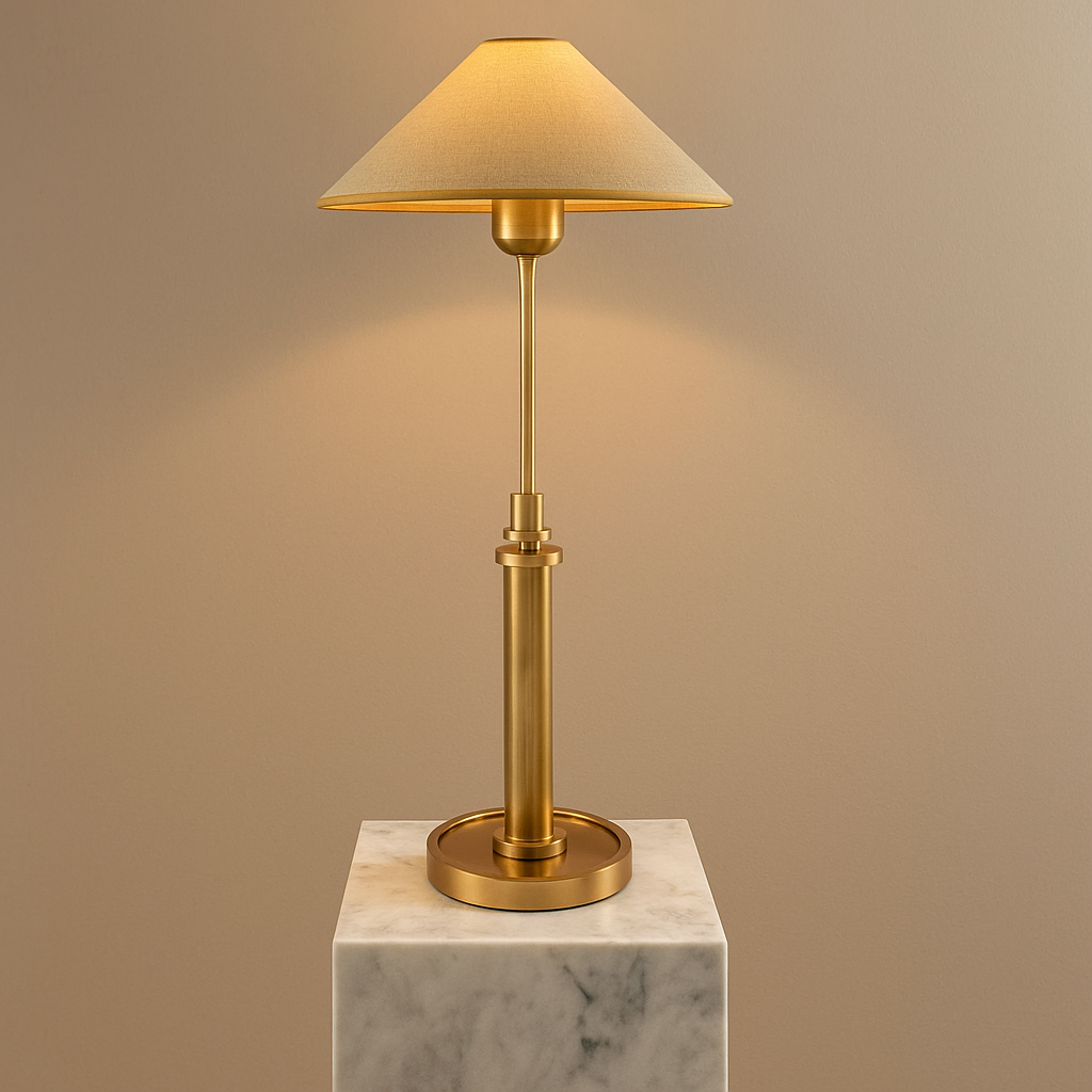 Copper table lamp with fabric shade on a bedside table