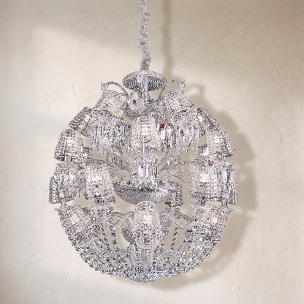 Cristalloire Le Roi Soleil crystal chandelier, spherical tiers of cut-crystal shades and pendants