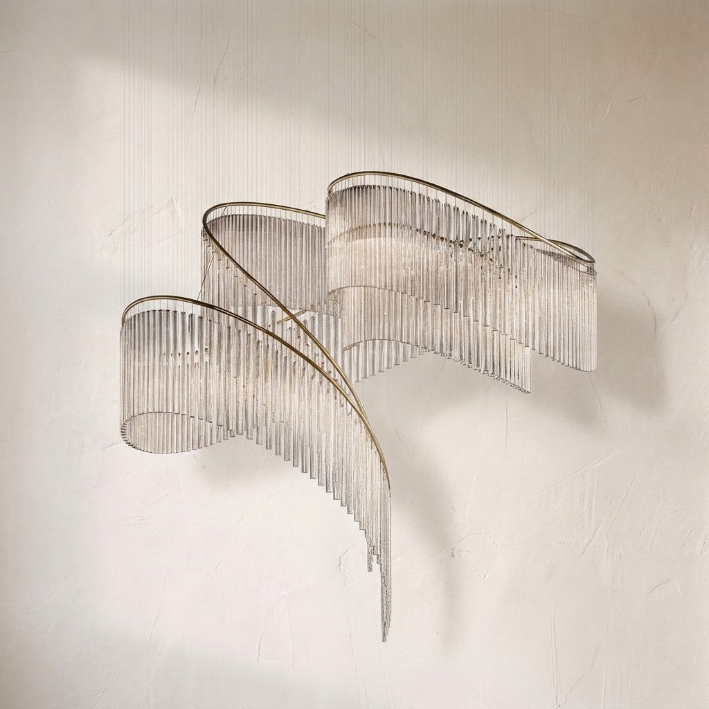 Crystal Spin chandelier, ribbon of clear glass rods twisting around a brass spiral rail