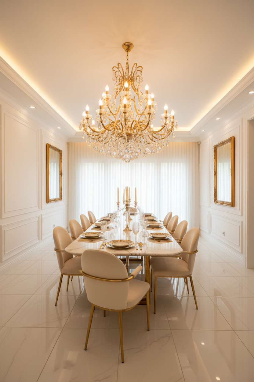 Gold crystal chandelier above a long dining table set for a formal dinner